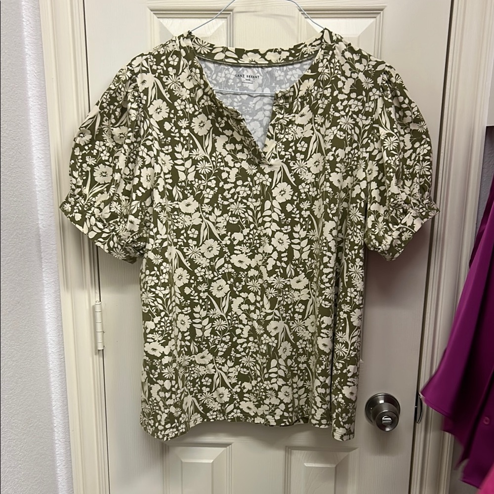 Lane Bryant Olive and Cream Floral Blouse
